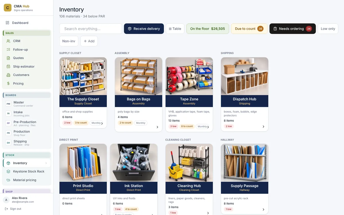Inventory zones: a photo card for each storage spot with item counts, low stock, and counts due