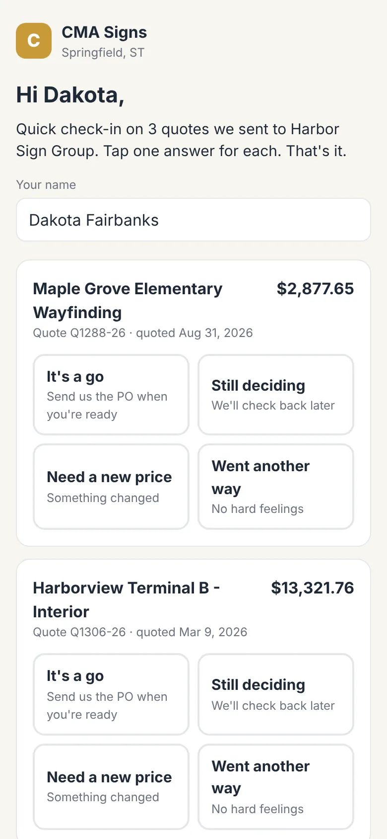 Customer quote-reply page on a phone: one card per quote with four big answers
