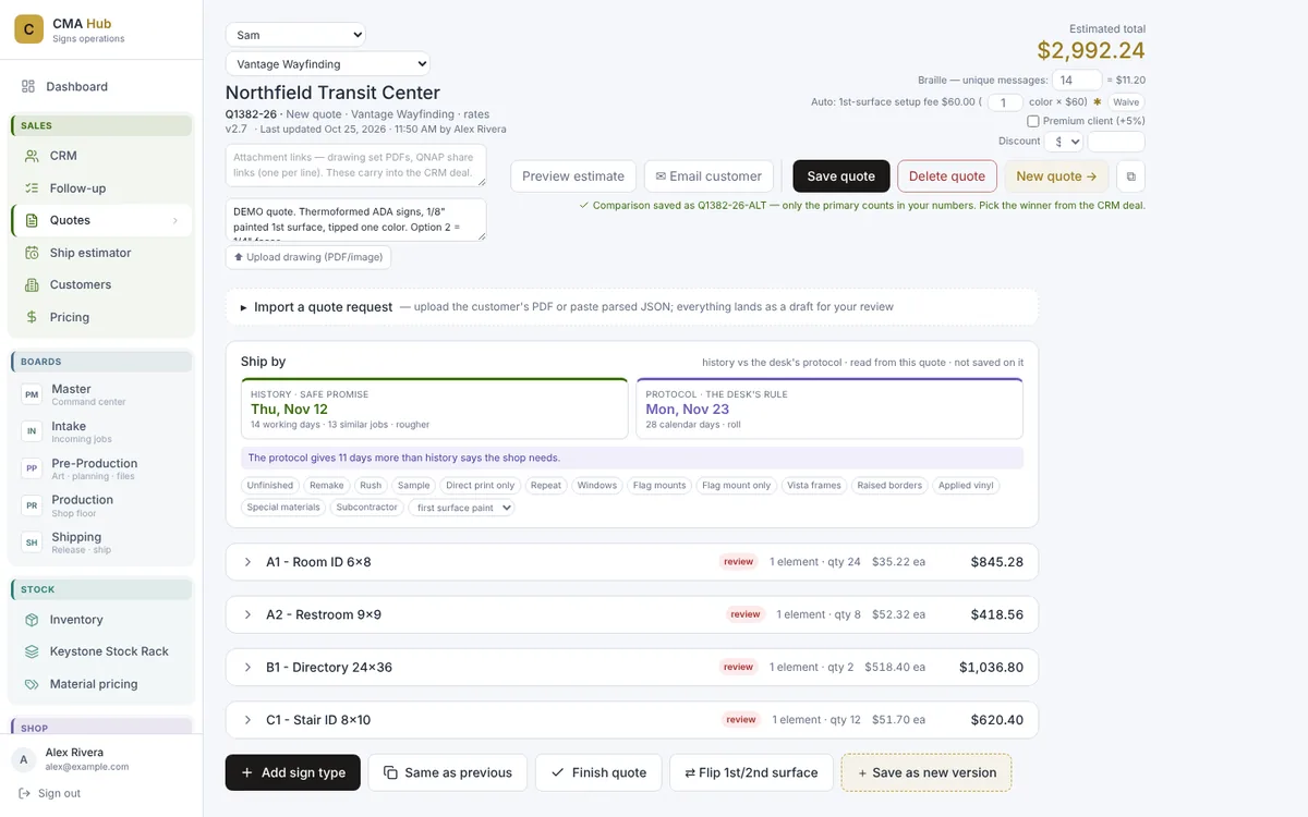 Quote builder: sign types priced from the rate book, with the ship-by panel showing history beside the desk's rule